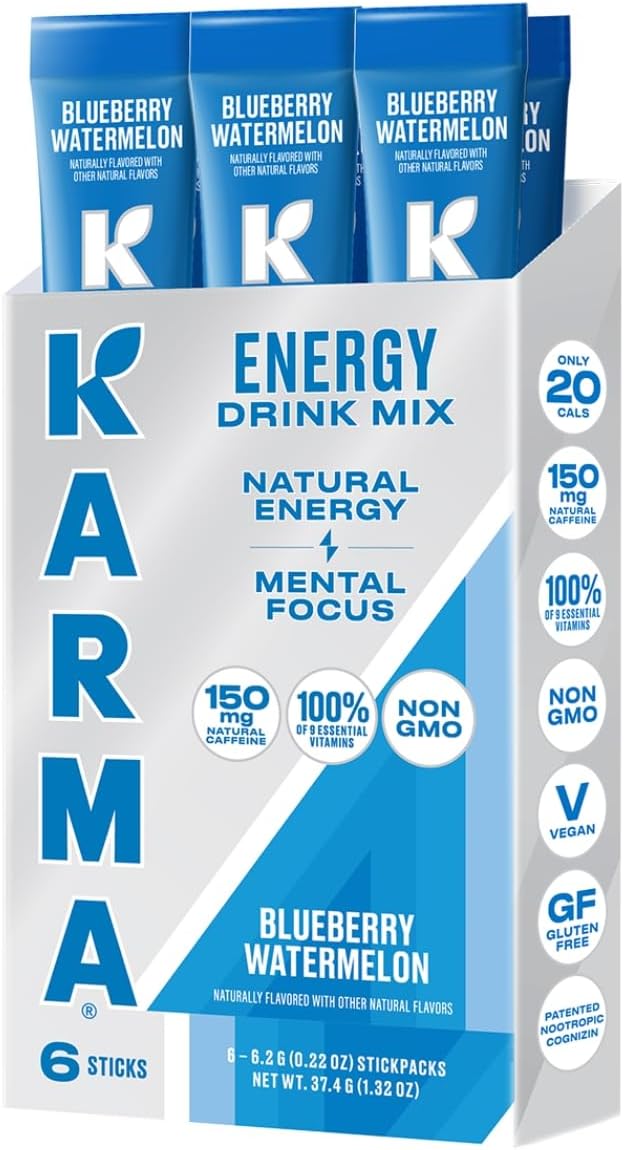 Karma Energy Hydration Packets – 6 Pack, Blueberry Watermelon Drink Mix with Cognizin® Nootropics, Vitamins & Immune Support, Low Calorie