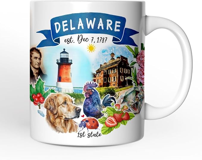 OrnamentallyYou State Travel Landmark Mugs – 12 oz Ceramic Coffee Cups, U.S. Souvenir Gift for Tourists (Artistic Delaware State Themes and Landmarks Mug)