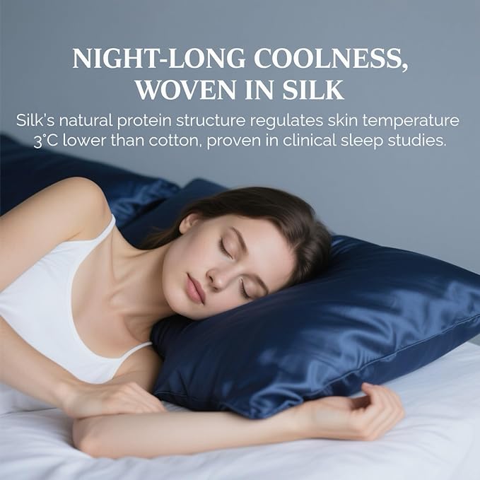 Ravmix Silk Pillow Cases with Zipper, 21momme Mulberry Silk Pillowcase for Hair Skin Health, Soft Smooth Breathable Cool Pillow Cover for Beauty Sleep with Gift Box 1PC(King 20"x36", Navy Blue)