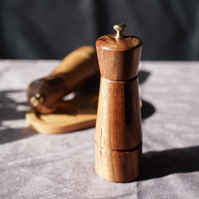 Pepper Grinder, Pepper Mill with Adjustable Stainless Steel, Acacia Wood, 16.5 cm Height, Bottom Dia: 5 cm, Upper Dia: 4.5 cm (Tray is NOT Included)