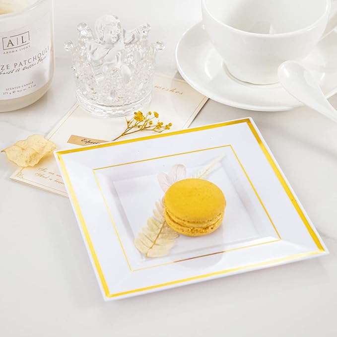 bUCLA 100PCS Gold Square Plastic Plates - 6inch Disposable Dessert/Cake Plates - Premium Hard Square Small Appetizer Plates for Wedding&Party