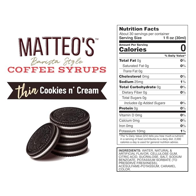 Matteo's Cookies and Cream Syrup for Coffee, Lattes, Cappuccinos & Desserts – Sugar-Free Sweetener for Beverages, Keto Friendly, Zero Calories, Indulgent Flavor, Non-Alcoholic, 33.8oz (6pk)