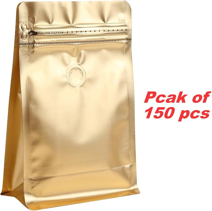 150 Pack High Barrier Stand-Up Coffee Bean Bags with Vented Valve, Matte Metallic Ziplock, Heat-Sealable and Resealable Solid Color Pouches for Food Storage, Home and Store