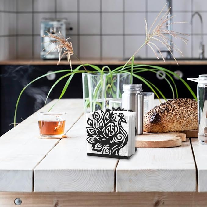 Peacock Decorative Black Metal Napkin Holder for Table, 4.9" x 5.3" x 1.9" Peacock Animal Standing Napkin Holder for Home Kitchen Restaurant Picnic Party Coffee Bar Dining Room