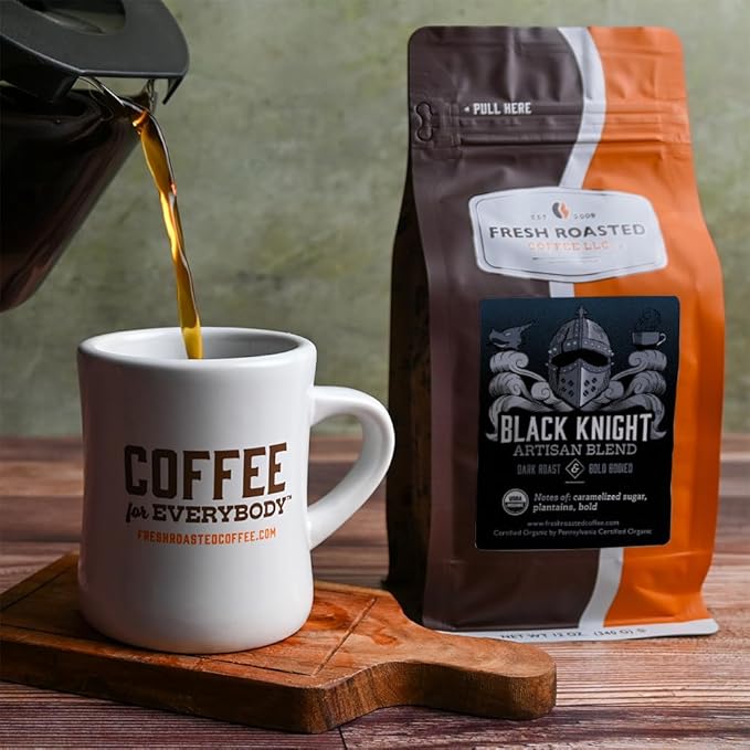 Fresh Roasted Coffee, Organic Black Knight | USDA Organic, Kosher | Dark Roast 12 oz Ground