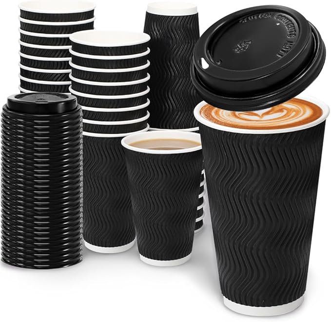 16 oz Coffee Cups with Lids, 100 Pack Disposable Coffee Cups Insulated Ripple Paper Cups for Water, Juice, Espresso (Black 16 oz)