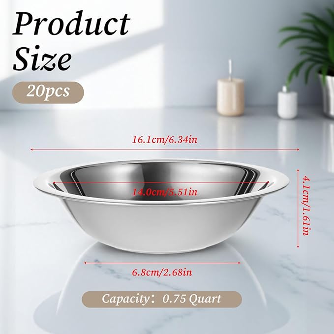 20 Pcs Small Stainless Steel Bowls, 6.4 Inch Wide Metal Mixing Bowl with Flat Base, 3/4 Quart Nesting Prep Salad Bowls Bulk for Kitchen Cooking Baking Serving