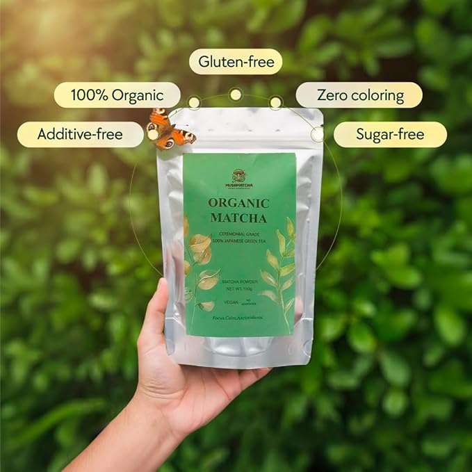 MushMatcha Organic Premium Matcha Grade 3A - Green Tea Powder Unsweetened for Lattes, Tea, and Smoothies, Smooth Taste and Natural Focus, 100% Pure Jade Leaf Blend Formula, 100g Resealable Pouch