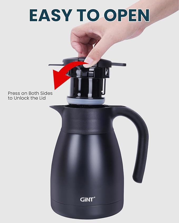 GiNT 1L / 34Oz Thermal Coffee Carafe, Insulated Stainless Steel Coffee Carafes for Keeping Hot/Double Walled Vacuum Thermal Carafe (Black)