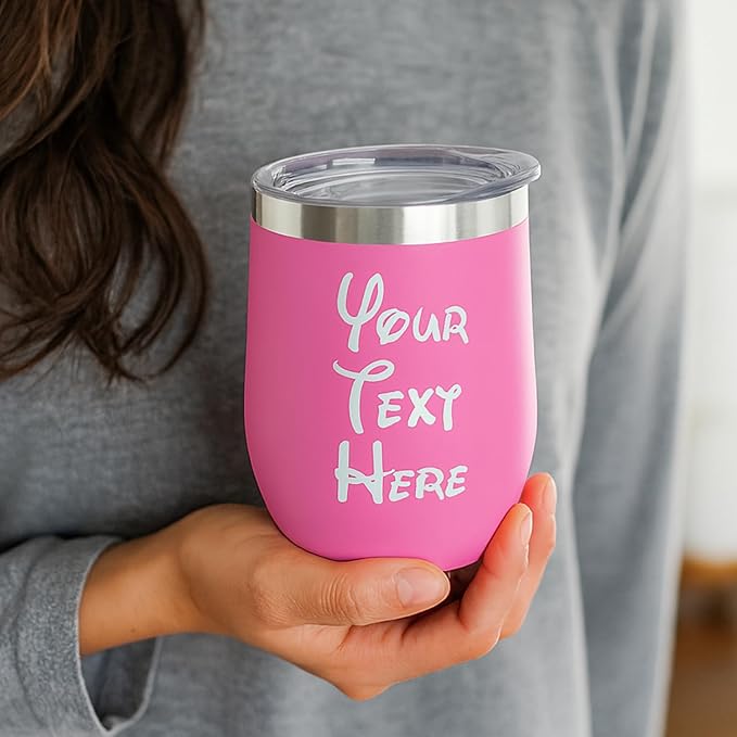 Gifts Inscribed Personalized Wine Tumbler with Lid – Pink Custom Text Engraved Stainless Steel Insulated Mug for Hot & Cold Drinks – Customized Bridesmaid, Wedding, or Birthday Gift