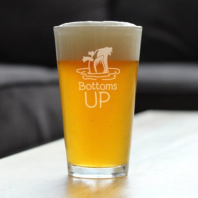 Bottoms Up - Pint Glass for Beer - Funny Duck Themed Gifts - Lake House Decor for Women and Men - 16 Oz Glasses