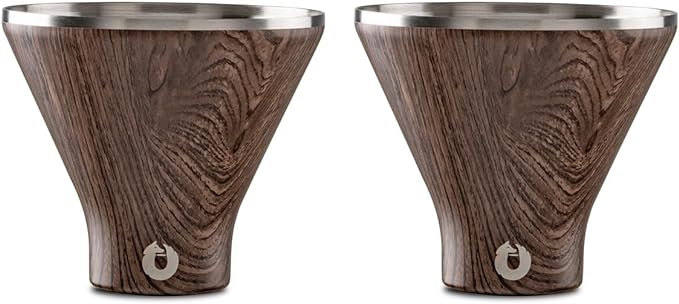 Snowfox Premium Vacuum Insulated Stainless Steel Martini Glass, Set of 2, Martinis Stay Icy Cold, Stemless Cocktail Glasses, Elegant Home Entertaining, Bold Beautiful Barware Set, 8 oz, Dark Walnut