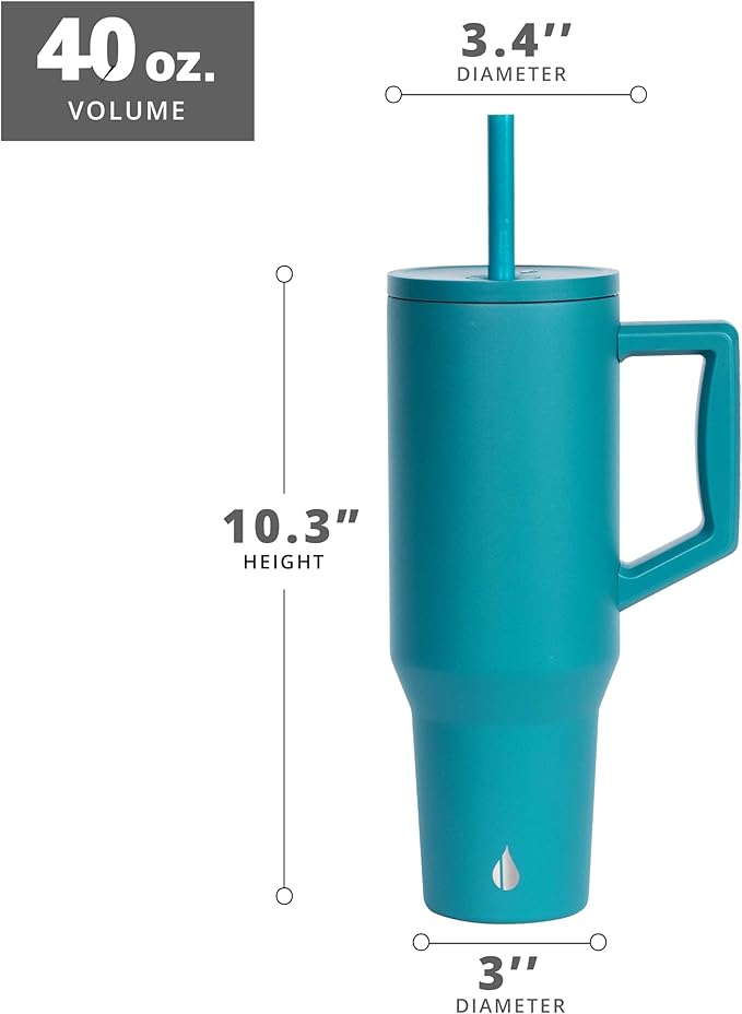 Elemental 40 oz Tumbler with Handle and Straw - Spill Proof Insulated Stainless Steel Commuter for Hot and Cold Beverages - Travel Coffee Mug with 2 Straws & Spill Proof Lid - 40oz - Teal