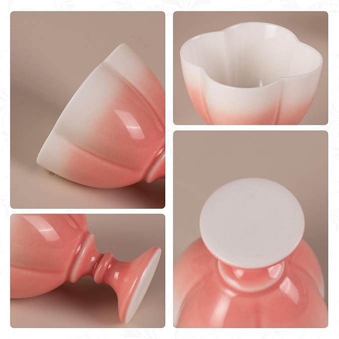 KAMMAK Tea Cup, 1.8oz Small Ceramic Tea Cups Set of 2 for Home, Tea Party, Office, Cute Porcelain Teacups with Short Stem, Chinese Kungfu Tea Set for Hot/Cold Drink (White and Red)
