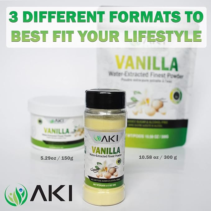 AKI Vanilla Water Extracted Powder From Authentic Beans for Flavoring, Cooking, Baking & Smoothies - Sugar Free & Alcohol Free - Added 2% Monk Fruit Sweetener - Non-GMO & Vegan (2.11oz/60g)