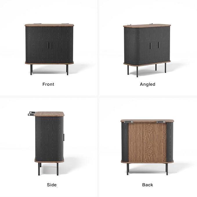 31''W Black Buffet Sideboard Cabinet with Storage, Fluted Accent Storage Cabinet Black with Curvy Edge; Sliding Door Coffee Bar, Credenza Console Table for Living, Kitchen, Hallway