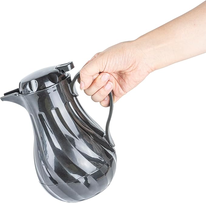 Restaurantware-Restpresso 20 Ounce Coffee Carafe, 1 Insulated Coffee Server - Push-Button Top, Swirl Design, Black Plastic Pitcher, Built-In Handle, With Identification Tags