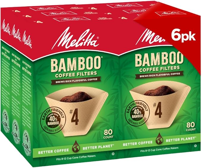 Melitta #4 Cone Coffee Filters, Bamboo, 80 Count (Pack Of 6), 480 Total Filters - Fits all 8-12 Cup Cone Coffee Makers and Pour-Overs, Compostable, Tear-Resistant, Made in USA