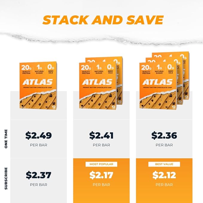 Atlas Bar – 20g Protein, 1g Sugar, 0g Seed Oils, 0g Artificial Sweeteners (Peanut Butter Chocolate Chip, 24 Count)