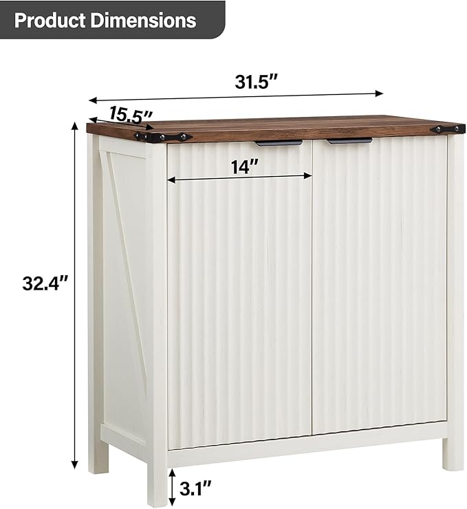 32-inch Fluted Sideboard Cabinet - Rustic Modern Farmhouse Storage Organizer with Adjustable Shelves, Coffee Bar, Entryway Furniture for Kitchen, Living Room (Antique White)