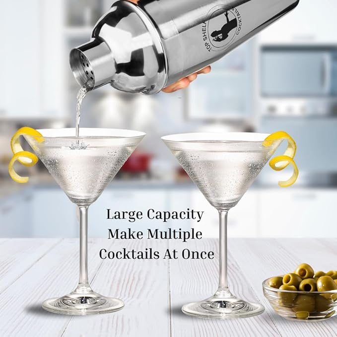 Cocktail Shaker Bar Set - 24oz Professional Martini Shaker with Built-in Strainer - Drink Mixer with Measuring Jigger and Pourer with Dust Cover