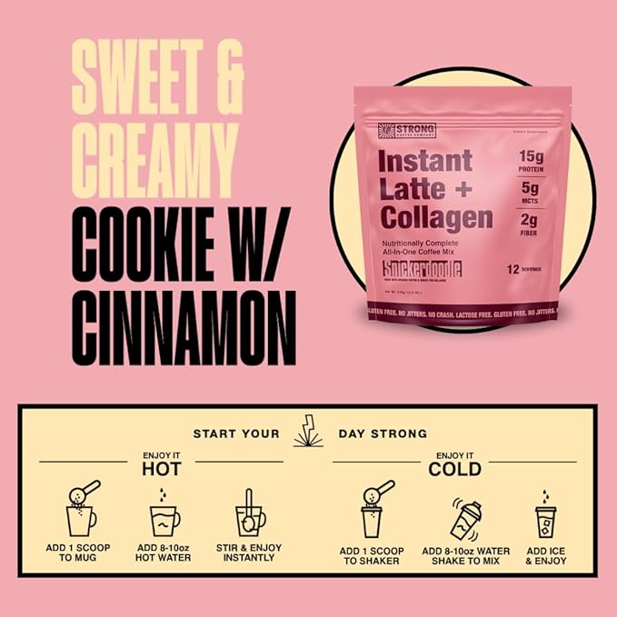 Strong Coffee Co. Instant Snickerdoodle Latte | Organic Coffee with 15g Collagen Protein | Lion’s Mane & L-Theanine | Nootropic Instant Coffee | 12 Servings