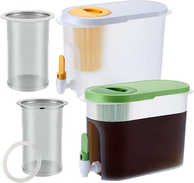 2 Pcs Cold Brew Maker, 1 Gallon Plastic Beverage Dispenser for Parties and 2 Filters, Christmas Drink Dispenser, Cold Brew Pitcher with Spigot, Container for Juice, Water, Tea(Green, Yellow)