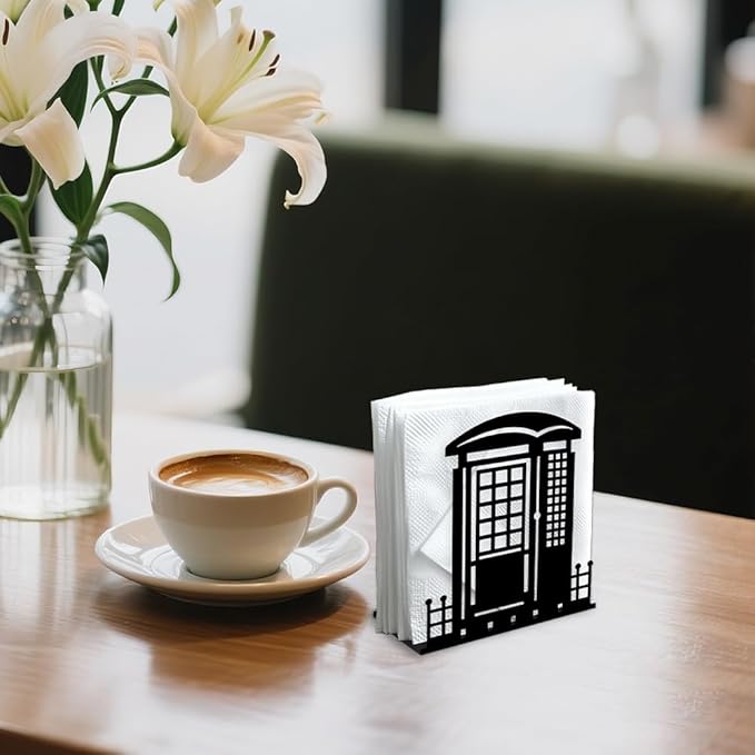 Telephone Booth Decorative Black Metal Napkin Holder for Table, 4.9" x 5.3" x 1.9" Phone Booth Standing Napkin Holder for Home Kitchen Restaurant Picnic Party Coffee Bar Dining Room