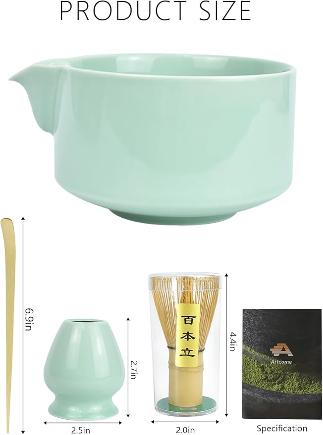 Artcome Premium Matcha Tool Set Green 1, 4 Pcs, Japanese Matcha Set with Bowl, Whisk, Holder, Scoop & Manual