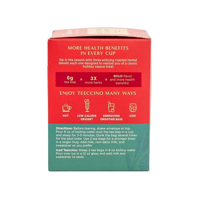 Teeccino Holiday Herbal Tea Sampler Assortment - Candy Cane, Gingerbread, Snickerdoodle - Caffeine-Free Holiday Dessert Teas with Prebiotic Chicory, 12 Tea Bags
