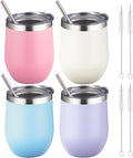 12 oz Insulated Wine Tumbler with Lid and Straw,Stainless Steel Stemless Wine Tumbler Double Wall Vacuum Wine Cups Tumbler Bulk for Coffee,Champaign,Cocktail,Office(Lavender/Cream/Pink/Baby blue)