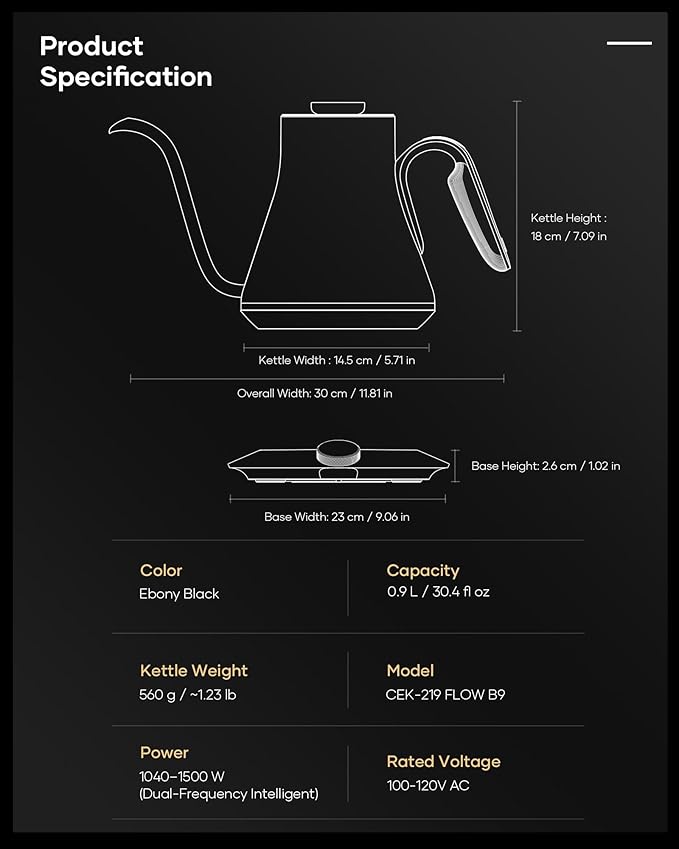 Cocinare FLOW B9 Gooseneck Electric Kettle, Precise Temperature Control for Pour-Over Coffee & Tea Brewing, Stainless Steel Interior, Rapid Heating for Boiling Water 0.9L (Goya Walnut)