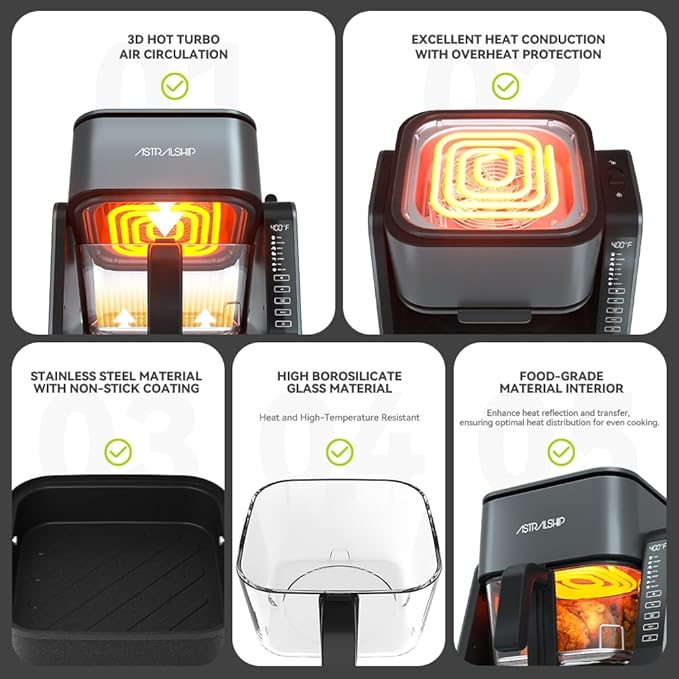 Astralship 2-in-1 Glass Air Fryer & Grill Combo, 4.2 QT + 1.3 QT Capacity, 7 Digital Presets, Small, Non-Toxic See-Through Glass Bowl, Low-Oil Healthy Cooking, Easy to Clean, Multi-Function Design