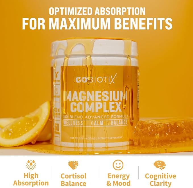 GoBiotix Magnesium Glycinate Powder – Cortisol Supplements for Women and Men – High Absorption Magnesium Complex Calm Supplement with Citrate, Malate – Sugar Free – 420 mg, 60 Servings - Honey Citrus
