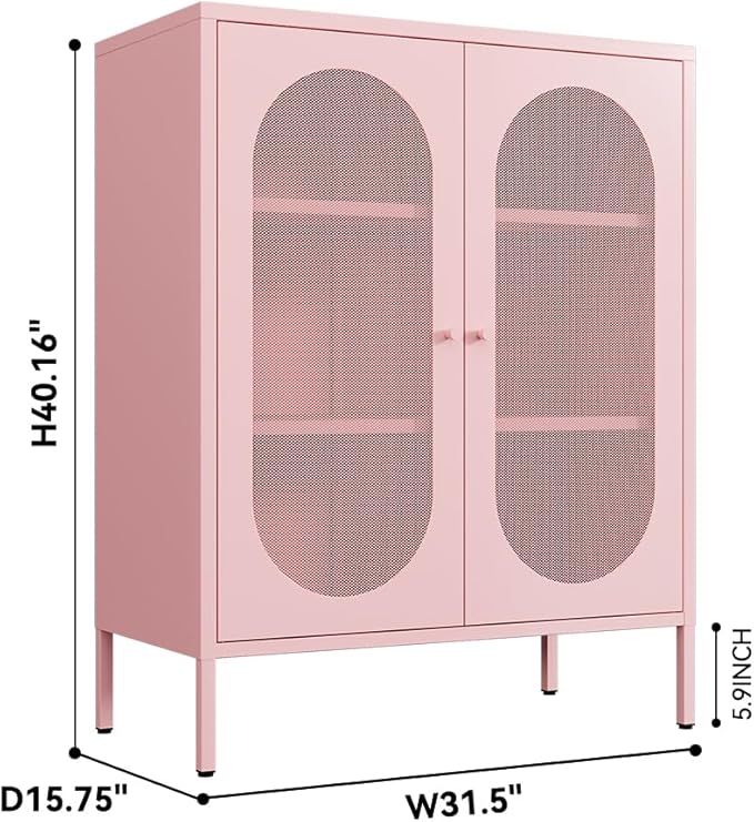 Display Cabinets with 2 Mesh Doors，Kitchen Cupboard, Storage Closet with Adjustable Shelf and High Feet, Pink Cabinet for Home, Office, Living Room,Dining Room,Sideboard, Hallway and Entryway