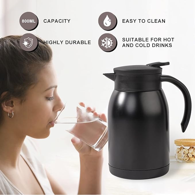 Thermal Coffee Carafe Tea Pot Stainless Steel, Double Wall Vacuum Insulated | Cool Touch Handle | Hot & Cold Retention | Non-Slip Silicone Base | BPA Free, 27OZ /800ML (Black)