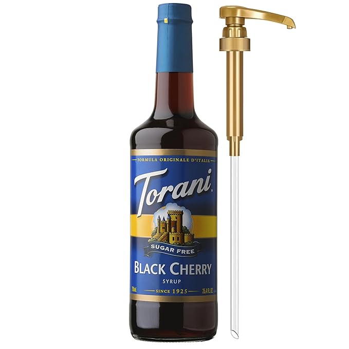 Torani Sugar Free Syrup, Black Cherry Flavored Syrup for Drinks, Zero Calorie, Glass Bottle with Pump Included, 25.4 Fl Oz