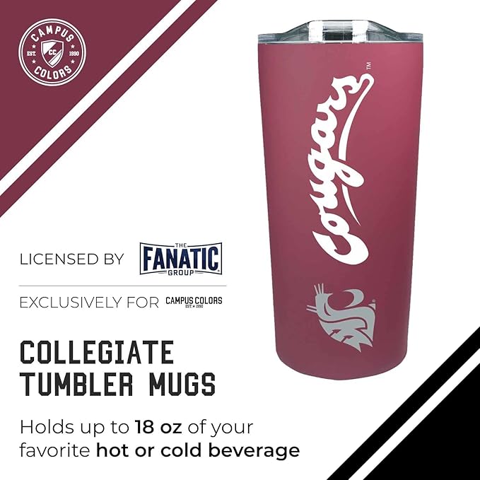 Campus Colors NCAA Stainless Steel Tumbler perfect for Gameday - 18 oz - Double Walled - Keeps Drinks Perfectly Insulated (Washington State Cougars - Maroon)