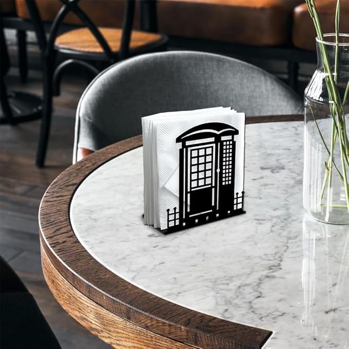 Telephone Booth Decorative Black Metal Napkin Holder for Table, 4.9" x 5.3" x 1.9" Phone Booth Standing Napkin Holder for Home Kitchen Restaurant Picnic Party Coffee Bar Dining Room