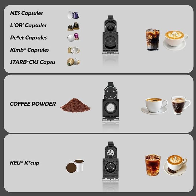PULZO Espresso Machine with Integrated Automatic Milk Frother, capsule coffee maker for K*cup capsule/Ne*s Original/ground coffee, One Touch Latte & Cappuccino