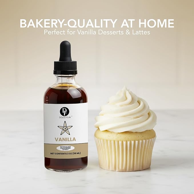 Dolce Flav Vanilla Extract – 2 Ounce Water-Soluble Kosher, Sugar-Free, Concentrated Vanilla Flavoring for Baking, Cookies & Desserts, Includes Measured Dropper
