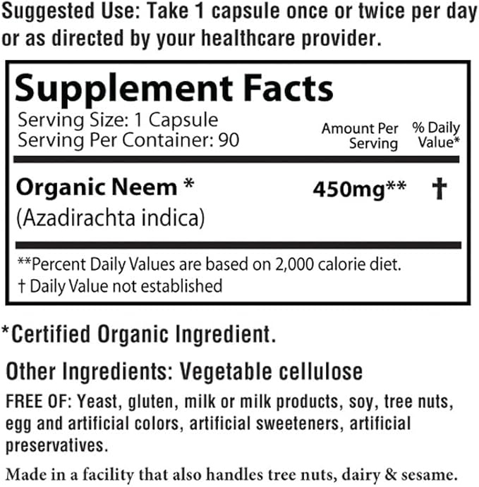 Neem Herbal Supplements 400mg Capsules, USDA Organic, Kosher - 90 Count
