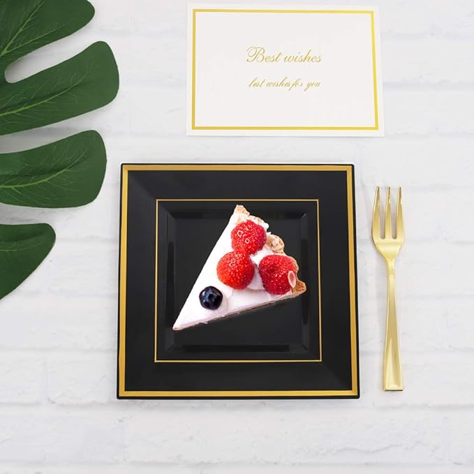 bUCLA 100PCS Black Square Plastic Plates with Gold Rim - 6 inch Disposable Dessert/Appetizer/Small Cake Plates for Party, Graduation & New Year