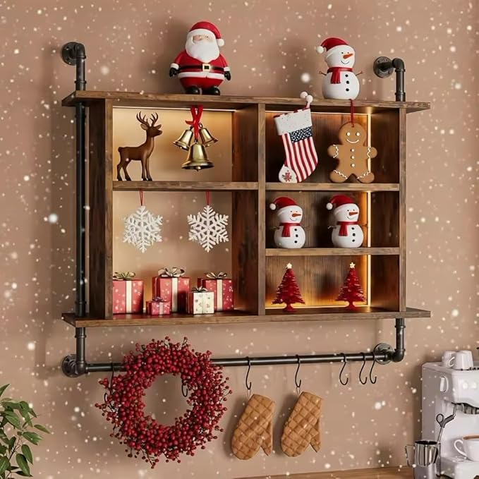 REIBII 4-Tier Industrial Pipe Shelving, 37.4" Kitchen Shelf with LED Light, Floating Shelves with 8 S-Hooks for Kitchen, Living Room, Home Office Bar, Rustic Brown
