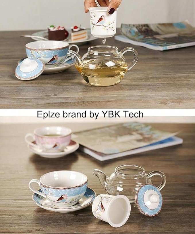 Tea for One Set, Glass Teapot with Porcelain Infuser Strainer and Cup & Saucer- Happy Bird Pattern (Blue)