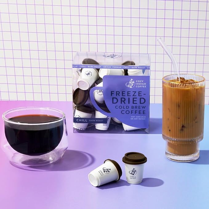 COZY INDIGO COFFEE - CHILL Cold Brew Dark Roast Instant Freeze Dried Specialty Coffee, 24 Capsules, 100% Arabica, Enjoy Cold or Hot, Perfect for Travel and On The Go