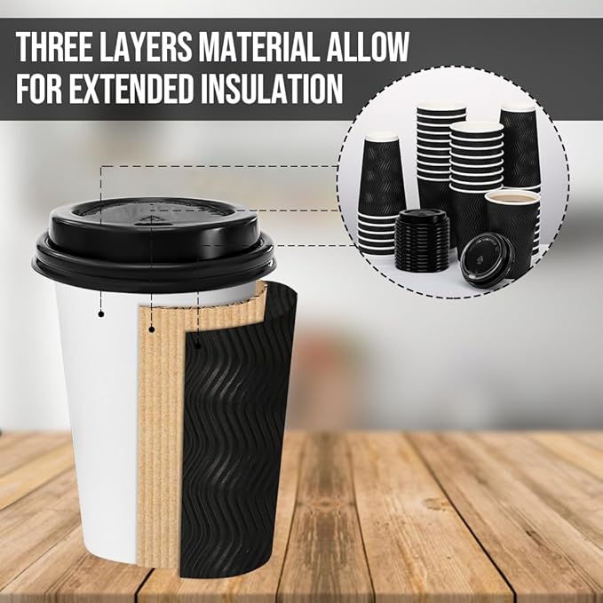 16 oz Coffee Cups with Lids, 100 Pack Disposable Coffee Cups Insulated Ripple Paper Cups for Water, Juice, Espresso (Black 16 oz)