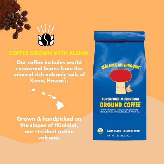 Organic Ground Mushroom Coffee by Malama | 8-Mushroom Superfood Blend with Lion’s Mane, Reishi, Cordyceps for Focus & Immune Support | Low Acid, Smooth Bold Flavor, Adaptogenic Energy | 12oz Bag