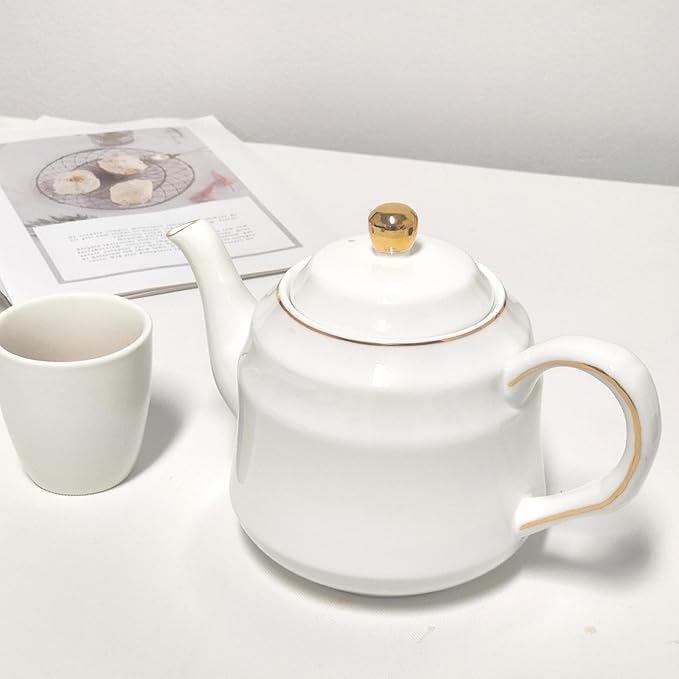 Strengthen Porcelain Teapot, 32oz Coffee Pot Ceramic Teapot- Stripe Design (White)