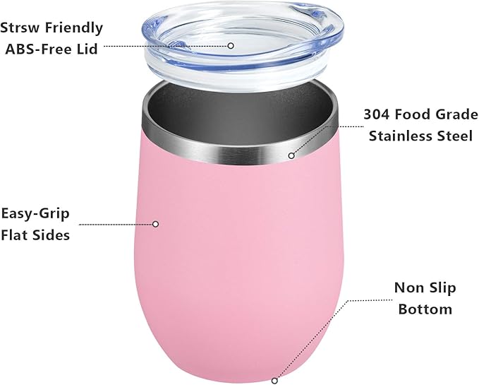 MEWAY 12 OZ/8 Pack Wine Tumbler Glasses with Lid - Stemless Double Wall Vacuum Stainless Steel Travel Tumbler - Keeping Cold & Hot for Wine,Coffee,Cocktails,Drinks-Family and Gifts (Pink,Set of 8)